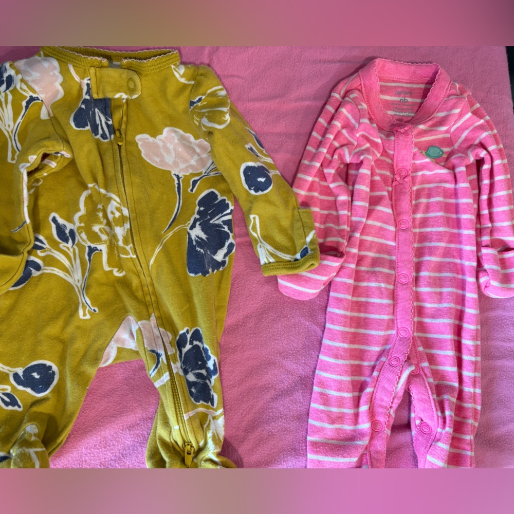 Pink Striped Onesie and Floral Yellow Onesie Set
